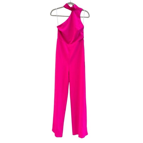 NWT Lulus Keep It Interesting Hot Pink Asymmetrical Halter Jumpsuit Size Medium - Picture 9 of 12